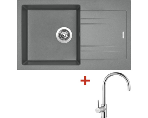 Granitový dřez s baterií LINEA 780 480 x 780 mm titanium G4272 + baterie Vitalia Kamenný dřez s odkapávací plochou a vodovodní baterií