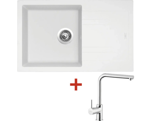 Granitový dřez s baterií LINEA 780 480 x 780 mm bílá matná G4628 + baterie Elka Silgranitový dřez s odkapávací plochou a baterií