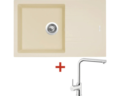 Granitový dřez s baterií LINEA 780 480 x 780 mm sahara G4650 + baterie Elka Béžový kuchyňský dřez s odkapávací plochou a směšovací baterií