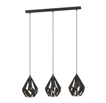 Závěsné svítidlo se třemi žárovkami a geometrickými stínidly pro interiér