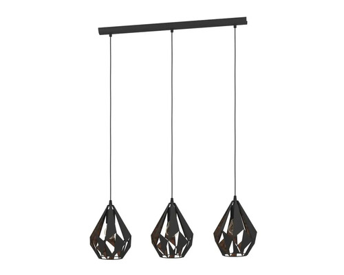 Závěsné svítidlo se třemi žárovkami a geometrickými stínidly pro interiér
