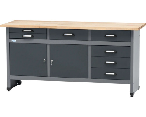 Pracovní stůl Küpper 1700 x 840 x 600 mm 7 zásuvek 2 dvířka antracit šedá Pracovní stůl se zásuvkami a skříňkami a dřevěnou pracovní deskou