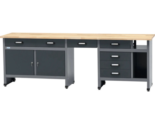 Pracovní stůl Küpper 2400 x 840 x 600 mm 6 zásuvek 2 dvířka antracit šedá Pracovní stůl se zásuvkami, skříňkami a dřevěnou pracovní deskou.
