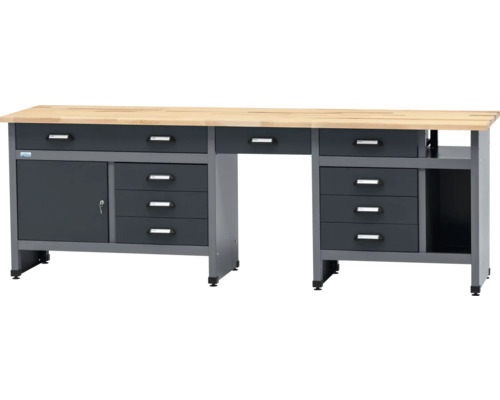 Pracovní stůl Küpper 2400 x 840 x 600 mm 9 zásuvek 1 dvířka antracit šedá Pracovní stůl se zásuvkami, dvířky a dřevěnou deskou