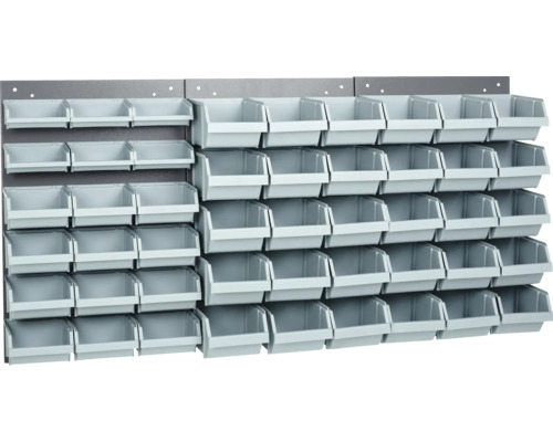 Panel na nářadí a boxy Küpper 1200 x 600 x 100 mm 18 průhledných boxů 3dílné šedá Nástěnný regál s šedými úložnými boxy pro organizaci nářadí