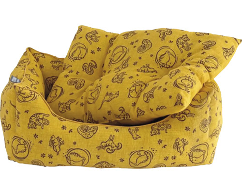 Žlutá psí postel se zvířecím vzorem a polštářem