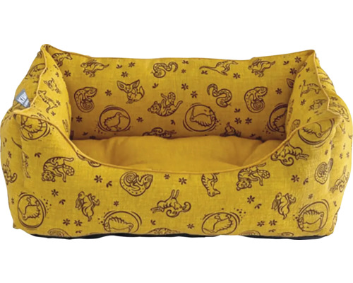 Žlutá psí postel s motivy zvířat