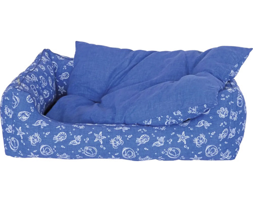 Modrá psí postel s námořnickými motivy a polštářem