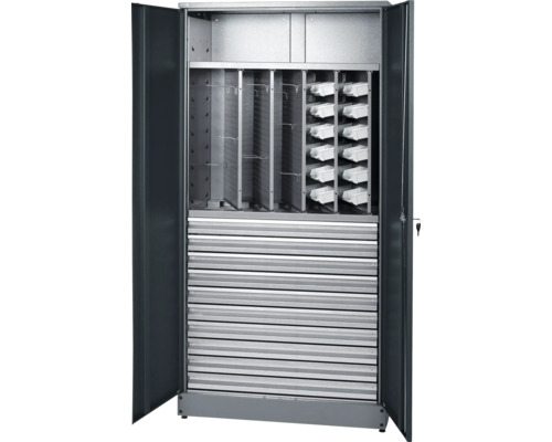 Skříň na materiál Küpper 910 x 1800 x 450 mm 10 zásuvek 1 zasunovací dno 2 dvířka antracit šedá Otevřená skříň na nářadí s policemi, zásuvkami a závěsnými zařízeními pro uložení nářadí