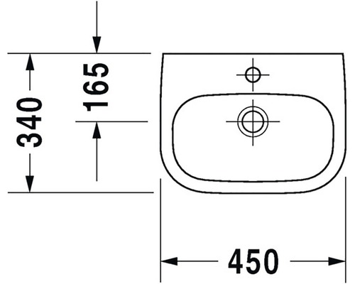 Nákres umyvadla s rozměry 450 x 340 x 165 milimetrů