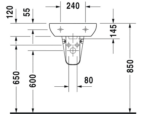 Technický nákres umyvadla s rozměry
