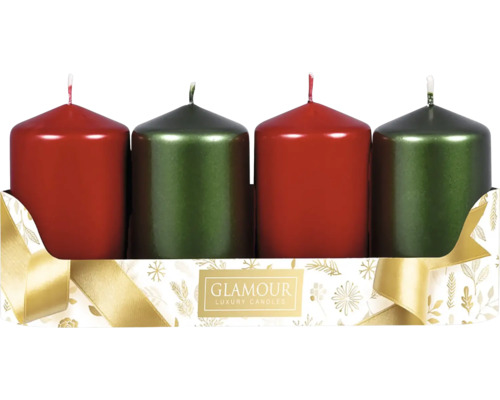 Čtyři válcové svíčky v balení s logem Glamour Luxury Candles
