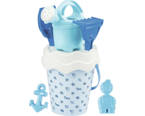 Sada hraček na pláž s kbelíkem, konví, lopatou, hráběmi, kotvou a formičkami