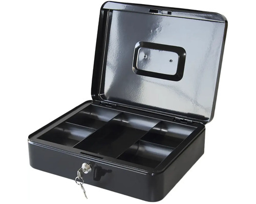 Otevřená pokladní schránka s klíčem a přihrádkami