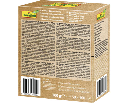Balení směsi jedlých květů FloraSelf s informacemi o složení a použití