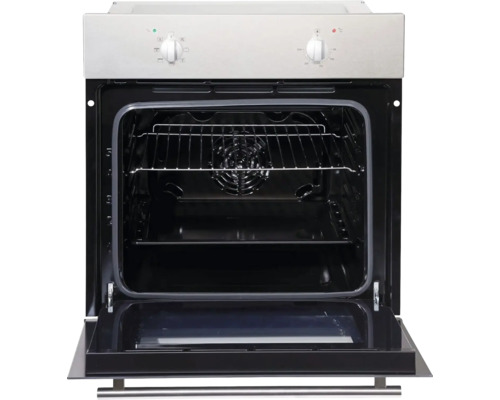 Otevřená vestavná trouba s roštem a ovládacími knoflíky