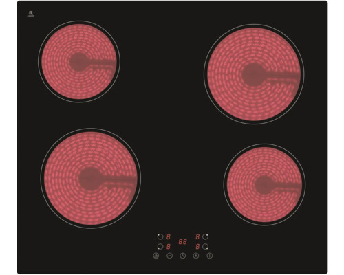 Černý elektrický sporák se čtyřmi varnými zónami a ovládacím panelem.