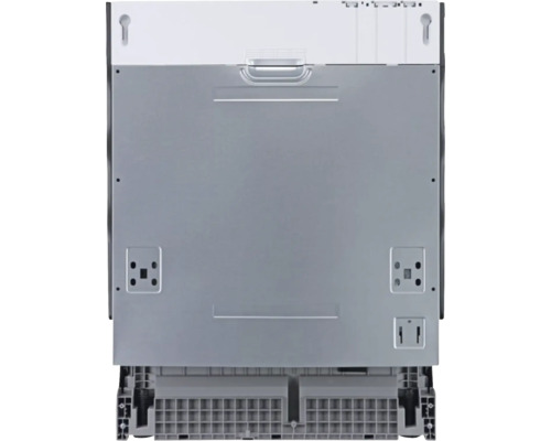 Pohled zezadu na myčku nádobí s montážními body a nastavitelnými nožičkami.