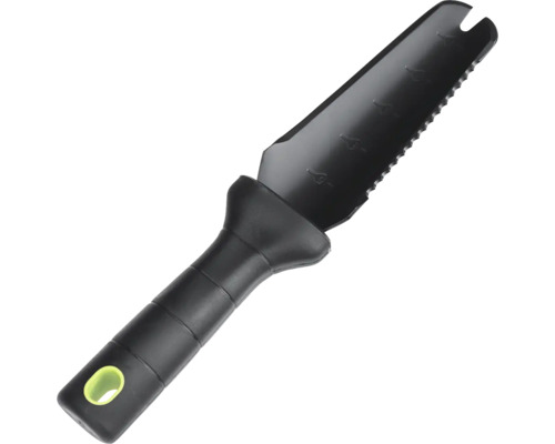 Sázecí lopatka se zoubkovaným okrajem a hloubkovou stupnicí