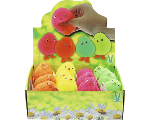 Zobrazovací box s mačkacími míčky ve tvaru kuřátek