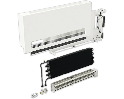 Rozkreslený pohled na konvektor radiátoru s krytem radiátoru, tělesem radiátoru, ventilátorovým konvektorem, termostatickým ventilem a šroubením