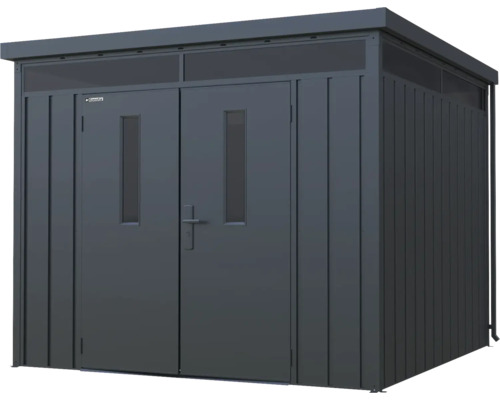 Kovový zahradní domek s dvoukřídlými dveřmi a okny