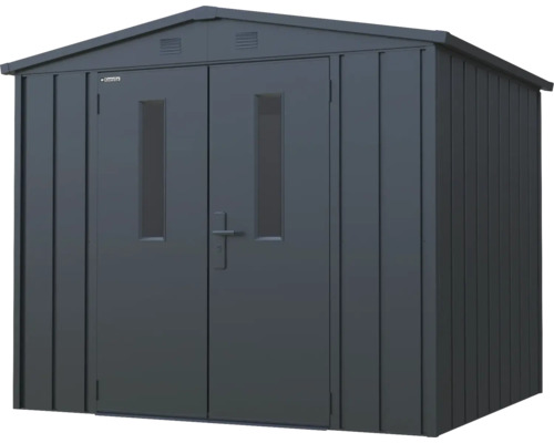 Kovová zahradní bouda s dvoukřídlými dveřmi a okny