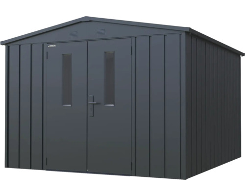 Kovová zahradní bouda s dvoukřídlými dveřmi a okny