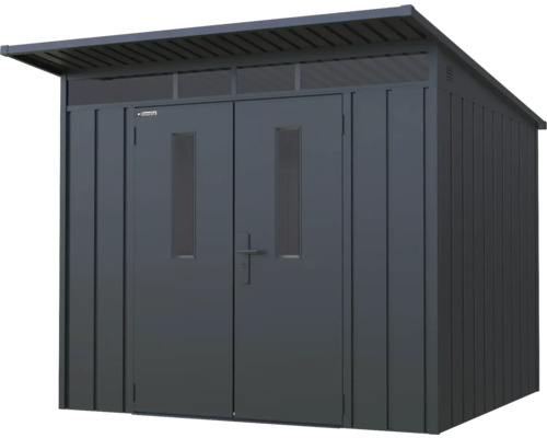 Kovový zahradní domek s dvoukřídlými dveřmi a světlíkem