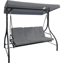 Šedá zahradní houpačka pro tři osoby se sluneční stříškou.