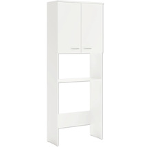 Bílá skříňka na pračku se dvěma dvířky a otevřenými policemi.