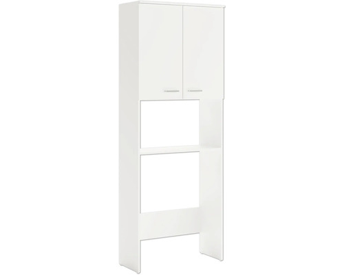 Bílá skříňka na pračku se dvěma dvířky a otevřenými policemi.