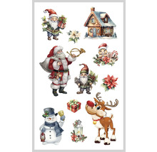 Ilustrace s vánočními motivy, jako je Santa Claus, sob, sněhulák, dům a skřítek