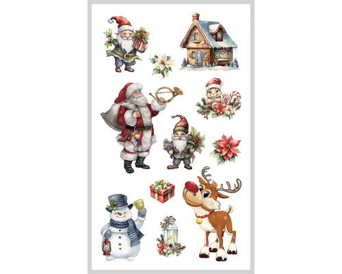 Vánoční mini nálepka 8x14 cm 11 ks Ilustrace s vánočními motivy, jako je Santa Claus, sob, sněhulák, dům a skřítek