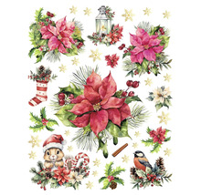 Dekorativní vánoční motivy s květinami, lucernou, punčochou, veverkou, ptákem a sněhovými vločkami