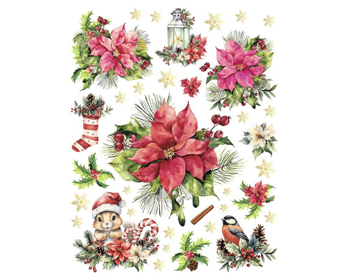 Vánoční nálepka na okno Vánoční hvězda 40 ks Dekorativní vánoční motivy s květinami, lucernou, punčochou, veverkou, ptákem a sněhovými vločkami