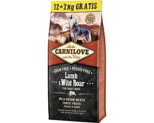 Granule pro psy Carnilove Lamb & Wild Board for Adult 12 + 2 kg Carnilove suché krmivo pro psy s jehněčím a divočákem pro dospělé psy, bez obilovin, balení 12+2 kilogramy
