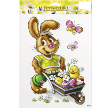 Obrázek do okna s velikonočním zajíčkem, kuřátkem, motýly a velikonočními vejci v trakaři