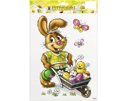 Obrázek do okna s velikonočním zajíčkem, kuřátkem, motýly a velikonočními vejci v trakaři