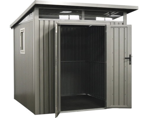 Kovový zahradní domek s dvoukřídlými dveřmi a oknem