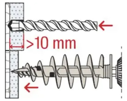Ilustrace šroubu s uvedením minimální hloubky 10 milimetrů