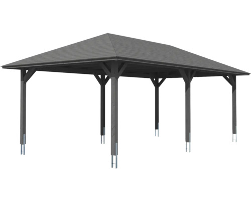 Pavilon s šedou střechou a dřevěnými sloupky