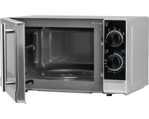 Mikrovlnná trouba s otevřenými dvířky a otočným talířem