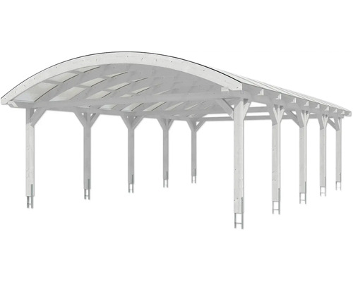 Bílé dřevěné parkovací stání s obloukovou střechou