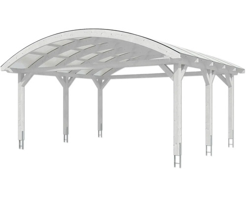 Bílé dřevěné stání pro auto s polykarbonátovou střechou