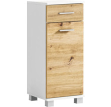 Vysoká skříň se dvěma zásuvkami a dvěma dvířky s dřevěným dekorem do koupelny