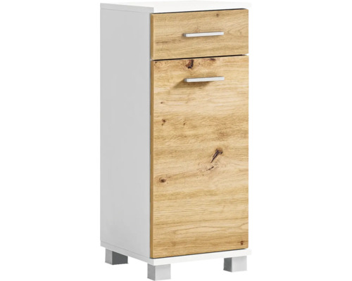 Vysoká skříň se dvěma zásuvkami a dvěma dvířky s dřevěným dekorem do koupelny