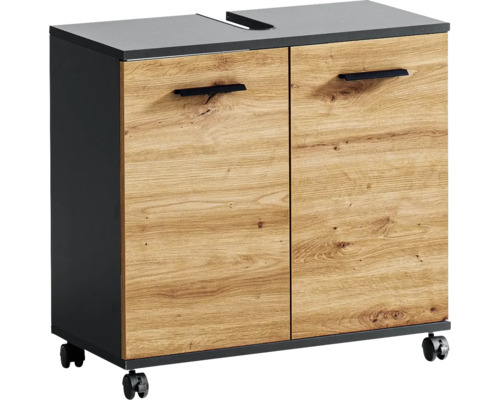 Koupelnová skříňka pod umyvadlo Möbelpartner Palermo dub 59,8 x 63,4 x 32,6 cm Spodní skříňka se dvěma dvířky, úchyty a kolečky