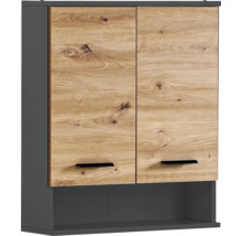 Závěsná skříňka se dvěma dvířky ve vzhledu dřeva a otevřenou policí