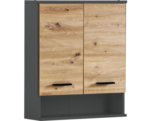 Závěsná skříňka se dvěma dvířky ve vzhledu dřeva a otevřenou policí